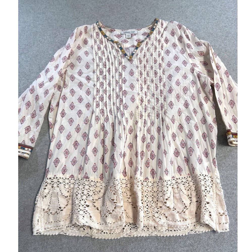 Coldwater Creek Tunic Blouse Womens Large Ivory Red Boho Crochet Lace Pintuck
